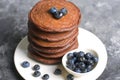 Chocolate Pancakes with Blueberry on grey background, Homemade Dessert, Sweet Breakfast Royalty Free Stock Photo