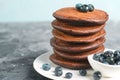 Chocolate Pancakes with Blueberry on grey background, Homemade Dessert, Sweet Breakfast Royalty Free Stock Photo