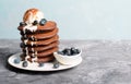 Chocolate Pancakes with Blueberry and Ice Cream on grey background, Homemade Dessert, Sweet Breakfast Royalty Free Stock Photo