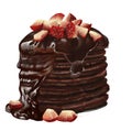 Chocolate american pancakes with a topping of liquid chocolate and strawberries