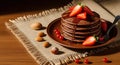 Chocolate Pancakes Stack with Strawberries, Almonds, and Syrup Drizzle Royalty Free Stock Photo