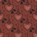 Chocolate Paris seamless pattern. Vector Eiffel tower with heart I love you. Sweet love texture Royalty Free Stock Photo