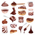 Chocolate Paste in Bowl, Spoon and Spreaded on Bread Big Vector Set Royalty Free Stock Photo