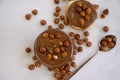 Chocolate paste, hazelnuts, bread on a light background Royalty Free Stock Photo