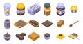 Chocolate paste icons set, isometric style