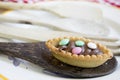 Chocolate pastry with colored sugared almonds Royalty Free Stock Photo