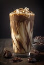 Chocolate peanut butter iced coffee with whipped cream and chocolate shavings on top