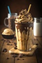 Chocolate peanut butter iced coffee with whipped cream and chocolate shavings on top