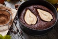 Chocolate pie cake with pear autumn homemade sweet brownie traditional Christmas holiday baked pastry