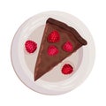 Chocolate Pie or Tart Piece with Raspberry as Dessert Served on Plate Vector Illustration