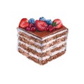 Chocolate piece of cake. solated on a white background. Watercolor illustration. Royalty Free Stock Photo