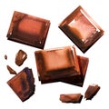 Chocolate pieces, broken or cracked part of chocolate, sweet cocoa dessert, top view, close up, isolated, package design