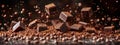Chocolate pieces cascade onto a cocoa powder mound Royalty Free Stock Photo