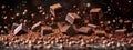 Chocolate pieces cascade onto a cocoa powder mound