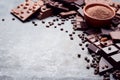 Chocolate pieces with cocoa powder Royalty Free Stock Photo