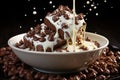 chocolate pieces falling on chocolate sauce and Milk cream splash . Royalty Free Stock Photo