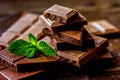 Chocolate pieces with mint on wooden table background Royalty Free Stock Photo