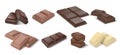 Chocolate pieces. Realistic dark bars and chunks of milky chocolate, 3D blocks of cocoa dessert. Vector square chocolate Royalty Free Stock Photo