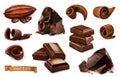 Chocolate. Pieces, shavings, cocoa fruit. 3d vector icon set Royalty Free Stock Photo