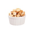 Chocolate popcorn with in white ceramics bowl isolated on white background. Fast food template for menu, advertising, cover. Royalty Free Stock Photo