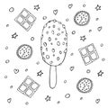 Chocolate popsicle ice cream with nuts and cookies. Hand drawn with a black line. Tasty summer dessert. Coloring.