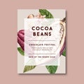 Chocolate poster design with ingredients branch cocoa, watercolor illustration design