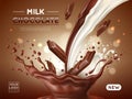 Chocolate poster. Realistic milk and cocoa streams, sweet natural product advertising banner, desert food, dark and