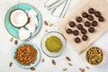 Chocolate pralines balls and marzipan for cooking vegan sweets. Royalty Free Stock Photo