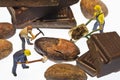 Chocolate processing, production and preparing - concept with miniatures of construction workers and cocoa beans