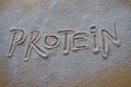 Chocolate protein powder - text protein in powder Royalty Free Stock Photo