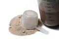Chocolate protein shake with a upturned scoop