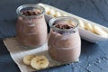 Chocolate pudding with chia seed, bananas and nuts, in a glass Royalty Free Stock Photo