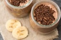 Chocolate pudding with chia seed, bananas and nuts, in a glass Royalty Free Stock Photo