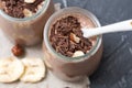 Chocolate pudding with chia seed, bananas and nuts, in a glass Royalty Free Stock Photo