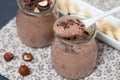 Chocolate pudding with chia seed, bananas and nuts, in a glass Royalty Free Stock Photo