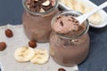 Chocolate pudding with chia seed, bananas and nuts, in a glass Royalty Free Stock Photo