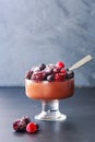 Chocolate pudding dessert with frozen berries and spoon on grey background close up isolated in sunlight Royalty Free Stock Photo