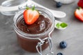Chocolate pudding with fresh berries and whipped cream in a glass jar on a gray concrete background. Copy space Royalty Free Stock Photo
