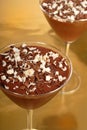 Chocolate pudding in martini glasses on a gold background