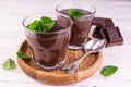 Chocolate pudding with mint glass on a wooden tray.