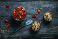 Chocolate pudding with strawberries and a clear glass