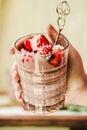 Chocolate pudding with strawberries. St. Valentine`s Day dessert