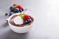 Chocolate pudding with whipped cream and berries Royalty Free Stock Photo