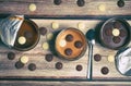 Chocolate puddings with chocolate buttons on a wooden background Royalty Free Stock Photo