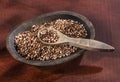 Chocolate quinoa seeds in the wooden bowl