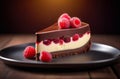 chocolate raspberry cheesecake, decadently enhanced by a visually pleasing syrup and a vibrant topping of ripe berries Royalty Free Stock Photo