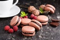 Chocolate and raspberry french macarons with ganache filling