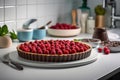 Chocolate raspberry tart in a white modern kitchen , generative AI Royalty Free Stock Photo