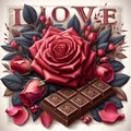 A chocolate with red rose flower in romantic design, rose petals, beautiful and romance scene, love art, white background