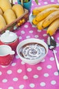 Hot champorado or sweet chocolate rice porridge